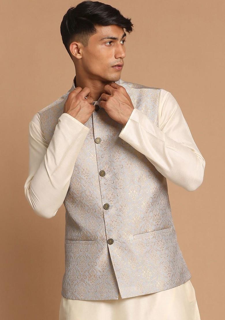 Grey Woven Silk Nehru Jacket For Men