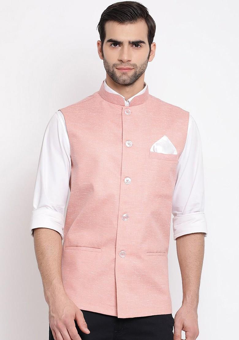 Peach Woven Poly Blend Nehru Jacket For Men