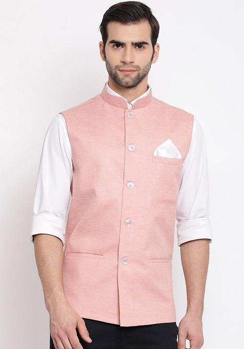 Peach Woven Poly Blend Nehru Jacket For Men — view on Indya