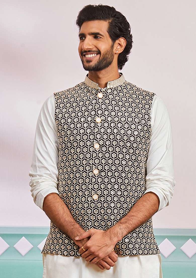 Black Floral Print Poly Blend Nehru Jacket For Men - Indya