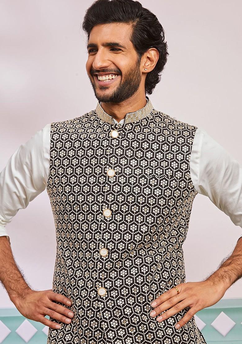 Black Floral Print Poly Blend Nehru Jacket For Men