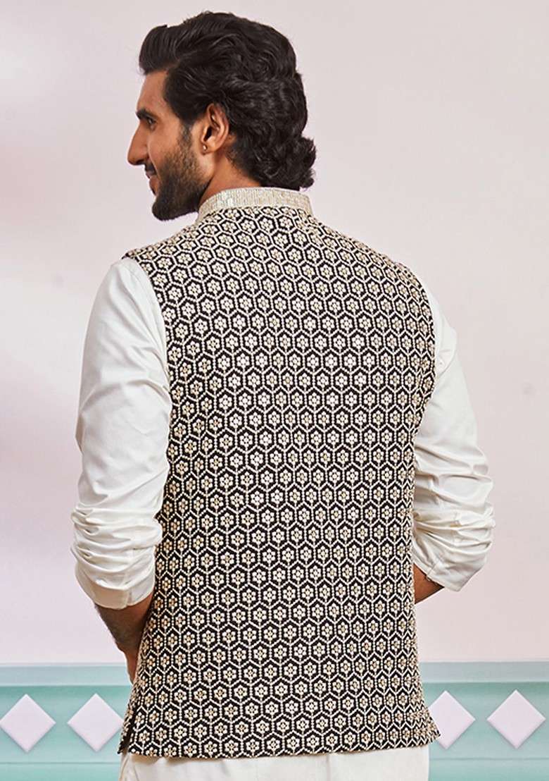 Black Floral Print Poly Blend Nehru Jacket For Men - Indya