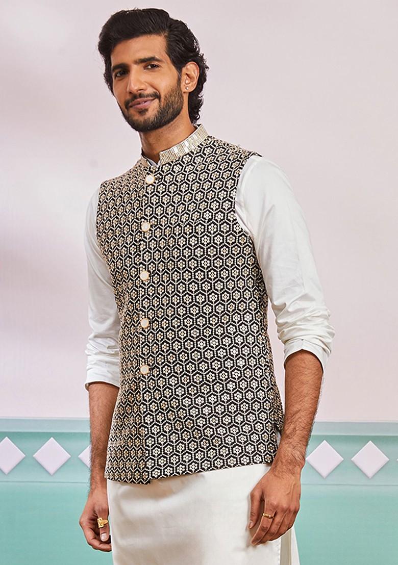 Black Floral Print Poly Blend Nehru Jacket For Men