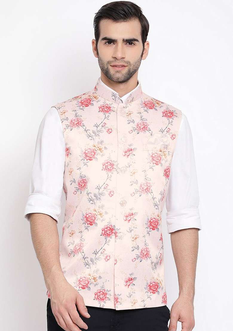 Peach Floral Print Poly Blend Nehru Jacket For Men - Indya