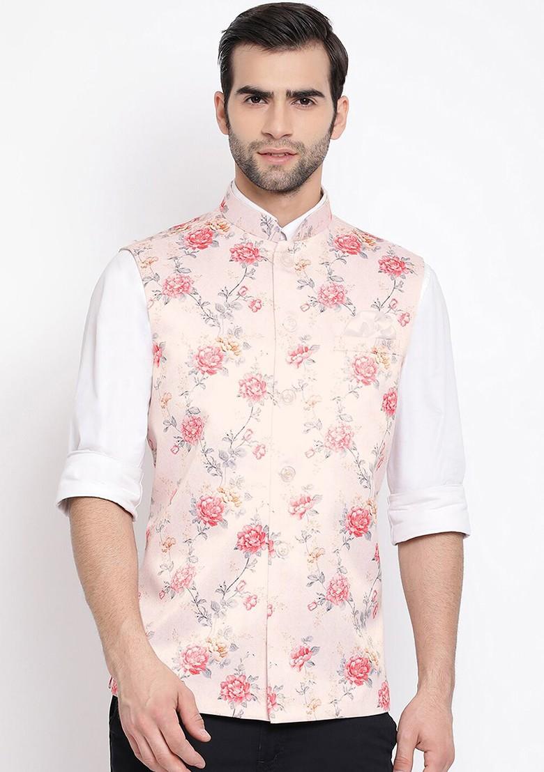Peach Floral Print Poly Blend Nehru Jacket For Men