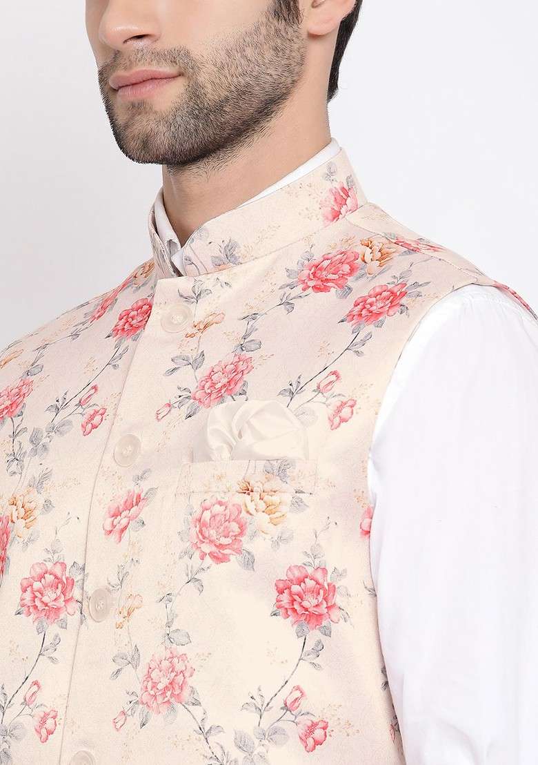 Peach Floral Print Poly Blend Nehru Jacket For Men - Indya