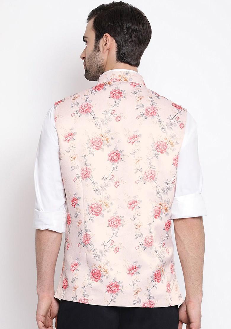 Peach Floral Print Poly Blend Nehru Jacket For Men
