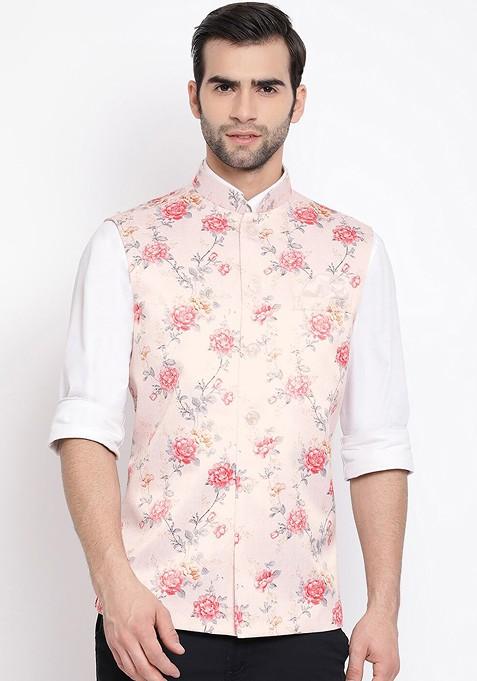 Peach Floral Print Poly Blend Nehru Jacket For Men — view on Indya