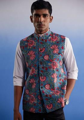 Blue Printed Cotton Nehru Jacket For Men