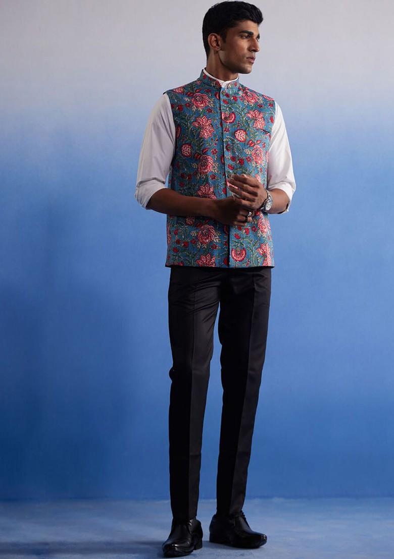Blue Printed Cotton Nehru Jacket For Men