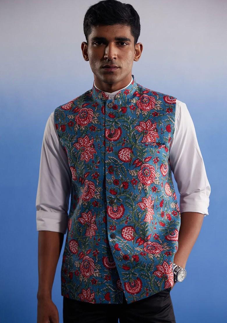 Blue Printed Cotton Nehru Jacket For Men