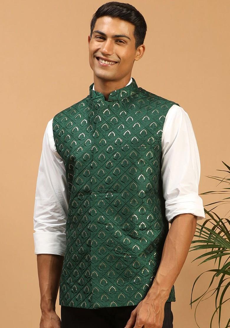 Green Embellished Poly Blend Nehru Jacket For Men
