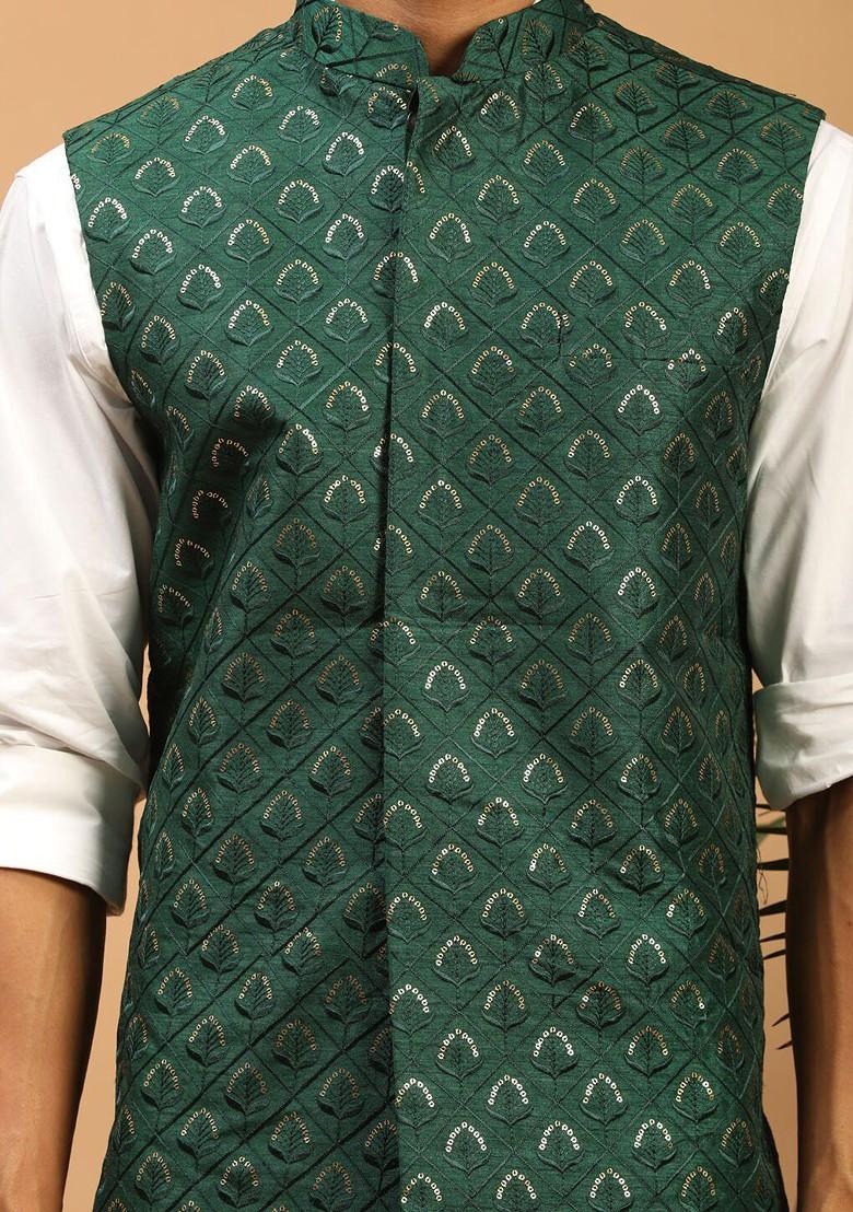 Green Embellished Poly Blend Nehru Jacket For Men