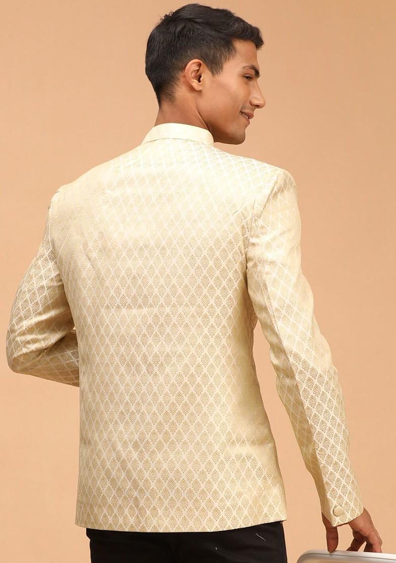 Cream Embroidered Poly Blend Blazers For Men