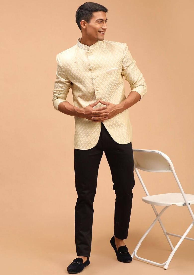 Cream Embroidered Poly Blend Blazers For Men