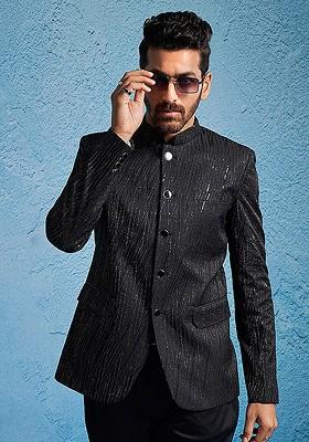 Black Embellished Poly Blend Blazers For Men