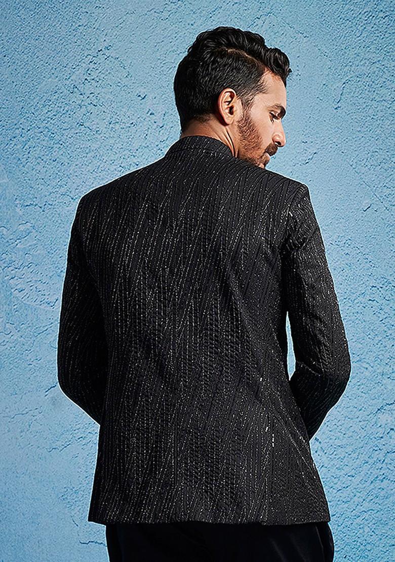 Black Embellished Poly Blend Blazers For Men