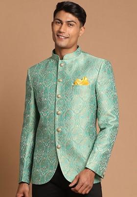 Green Solid Silk Blazers For Men