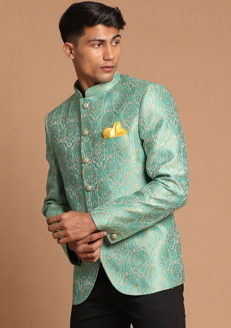 Green Solid Silk Blazers For Men
