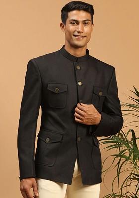 Black Solid Silk Blazers For Men