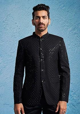 Black Sequin Work Poly Blend Blazers For Men