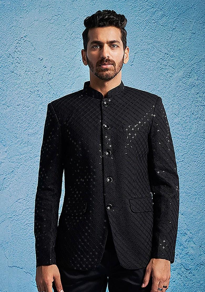 Black Sequin Work Poly Blend Blazers For Men