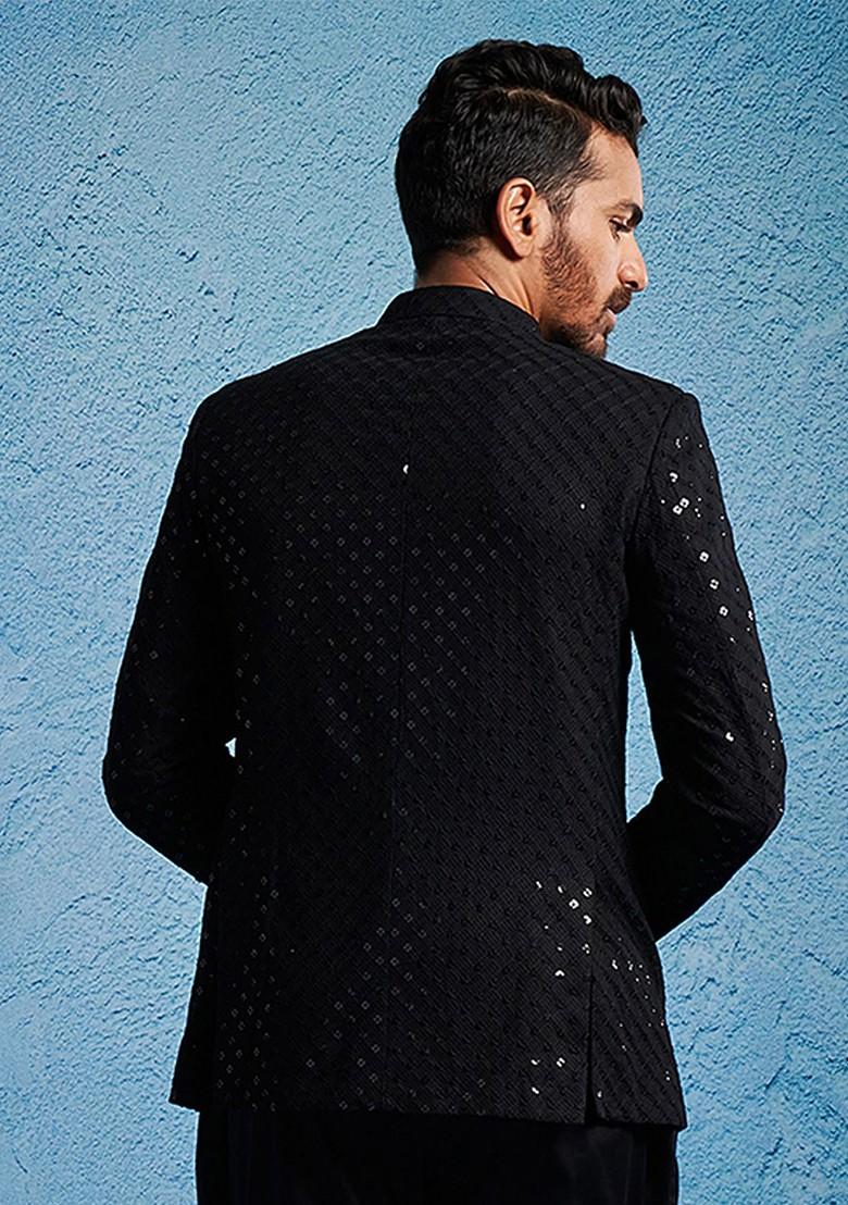 Black Sequin Work Poly Blend Blazers For Men