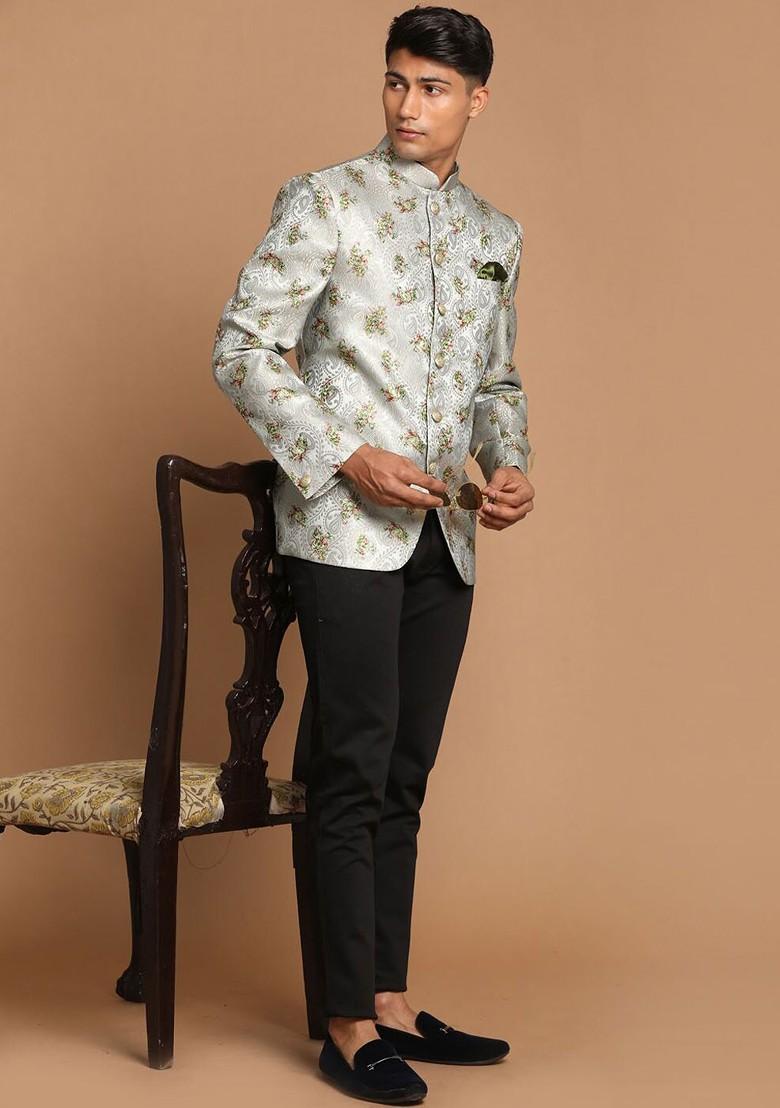 Green Embroidered Poly Blend Blazers For Men