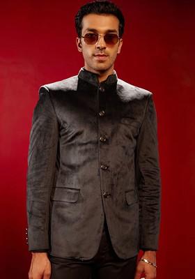 Black Solid Poly Blend Blazers For Men