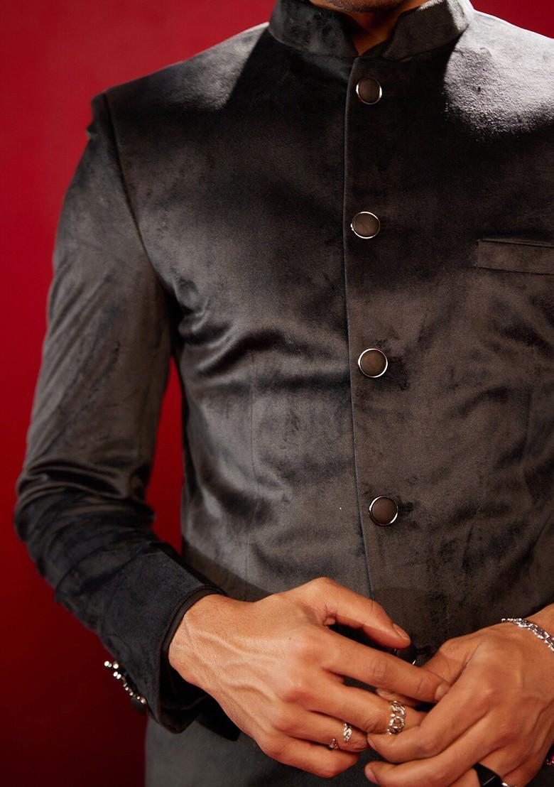 Black Solid Poly Blend Blazers For Men