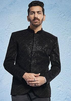 Black Embroidered Poly Blend Blazers For Men