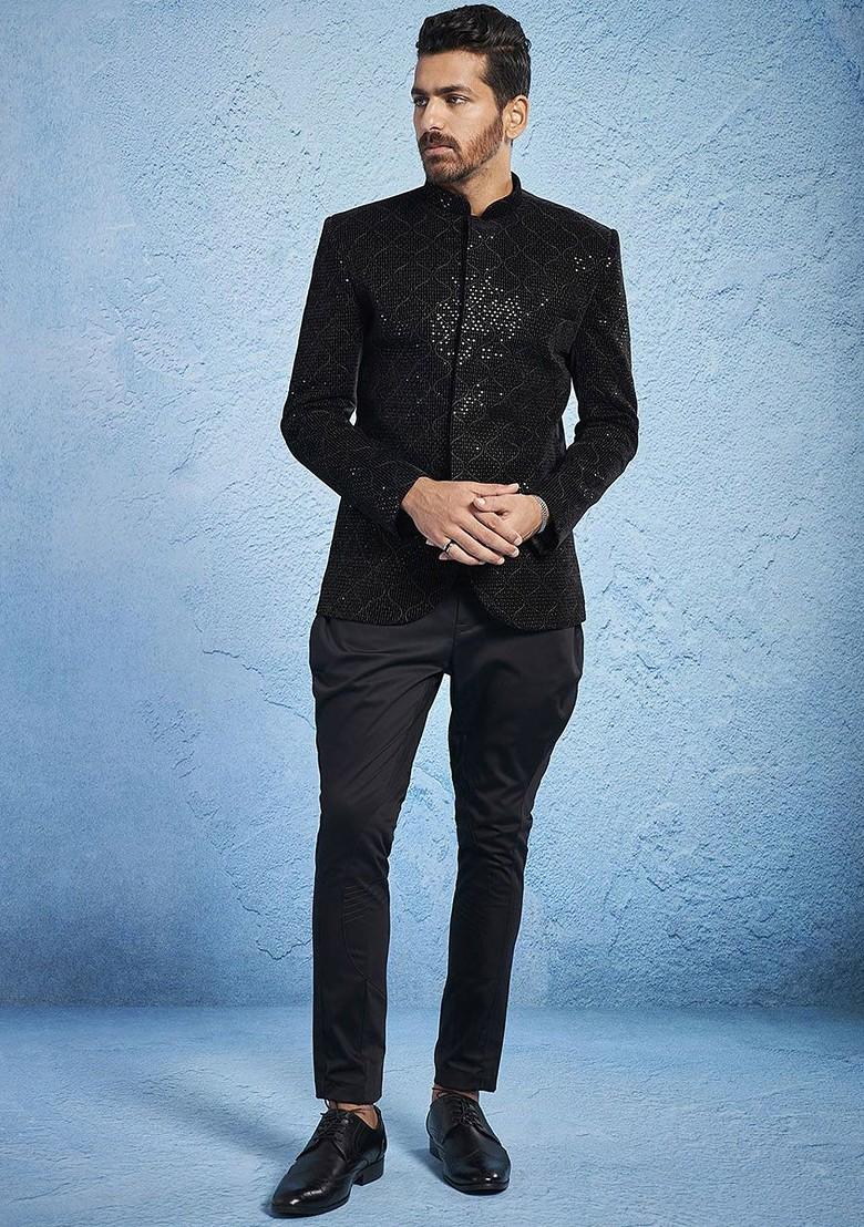 Black Embroidered Poly Blend Blazers For Men