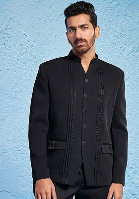 Black Sequin Work Poly Blend Blazers For Men