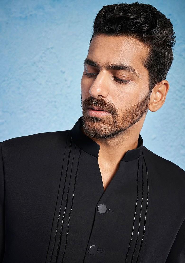 Black Sequin Work Poly Blend Blazers For Men