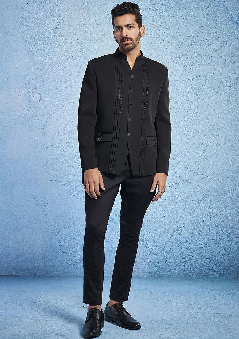Black Sequin Work Poly Blend Blazers For Men