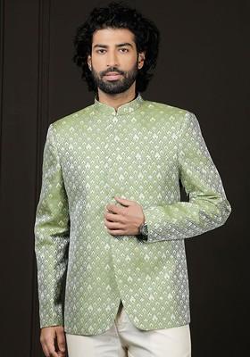 Green Solid Silk Blazers For Men