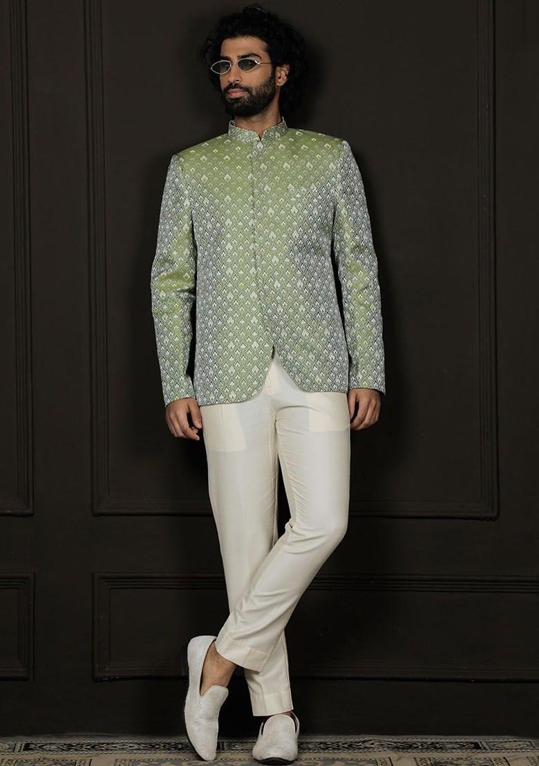 Green Solid Silk Blazers For Men