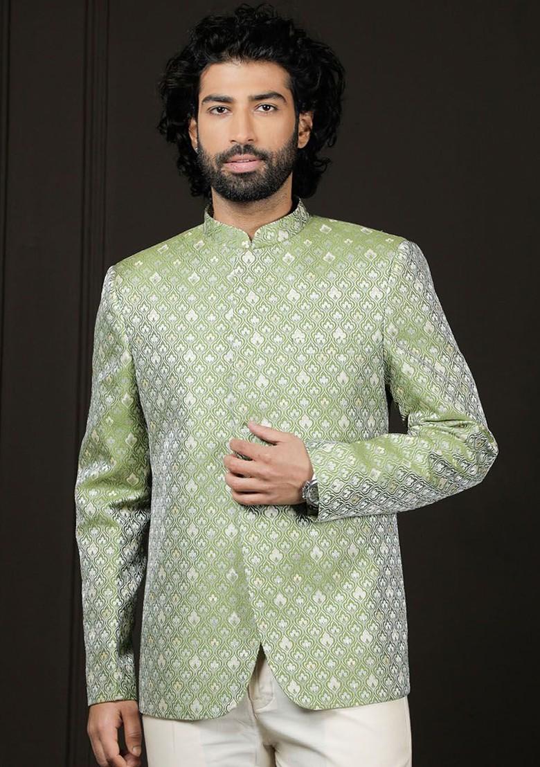 Green Solid Silk Blazers For Men