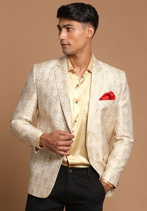 Gold Solid Poly Blend Blazers For Men