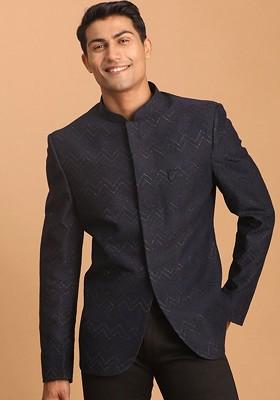 Navy Blue Solid Silk Blazers For Men