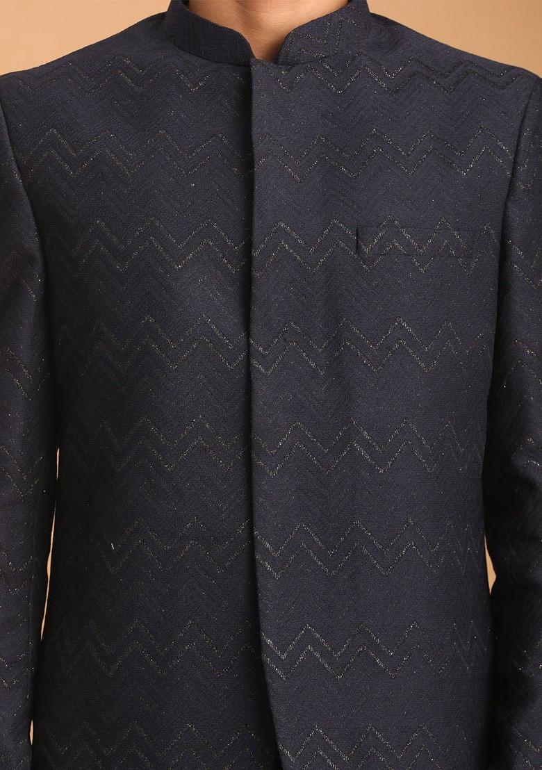 Navy Blue Solid Silk Blazers For Men