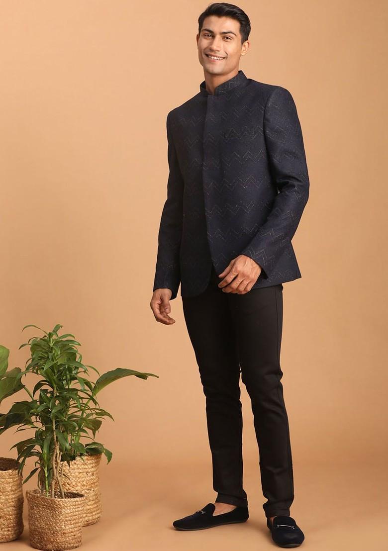 Navy Blue Solid Silk Blazers For Men