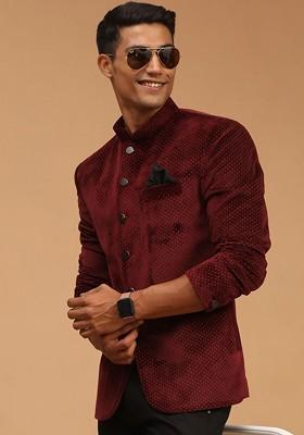 Maroon Printed Poly Blend Blazers For Men