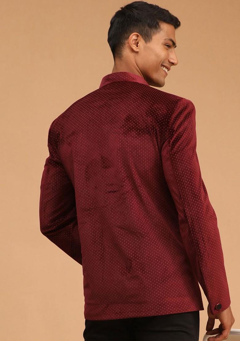 Maroon Printed Poly Blend Blazers For Men