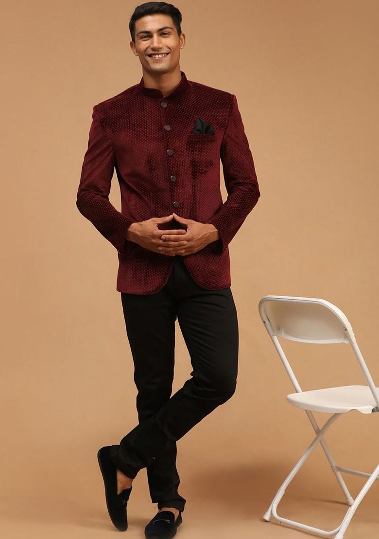 Maroon Printed Poly Blend Blazers For Men