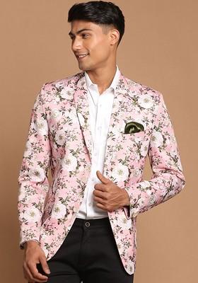Pink Floral Print Poly Blend Blazers For Men