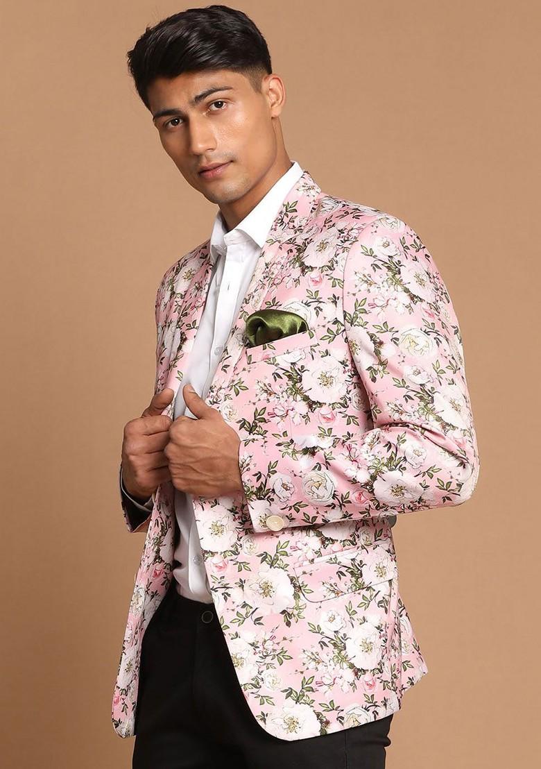 Pink Floral Print Poly Blend Blazers For Men