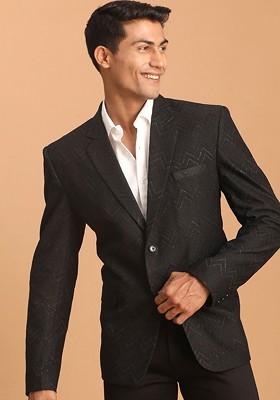 Black Solid Silk Blazers For Men