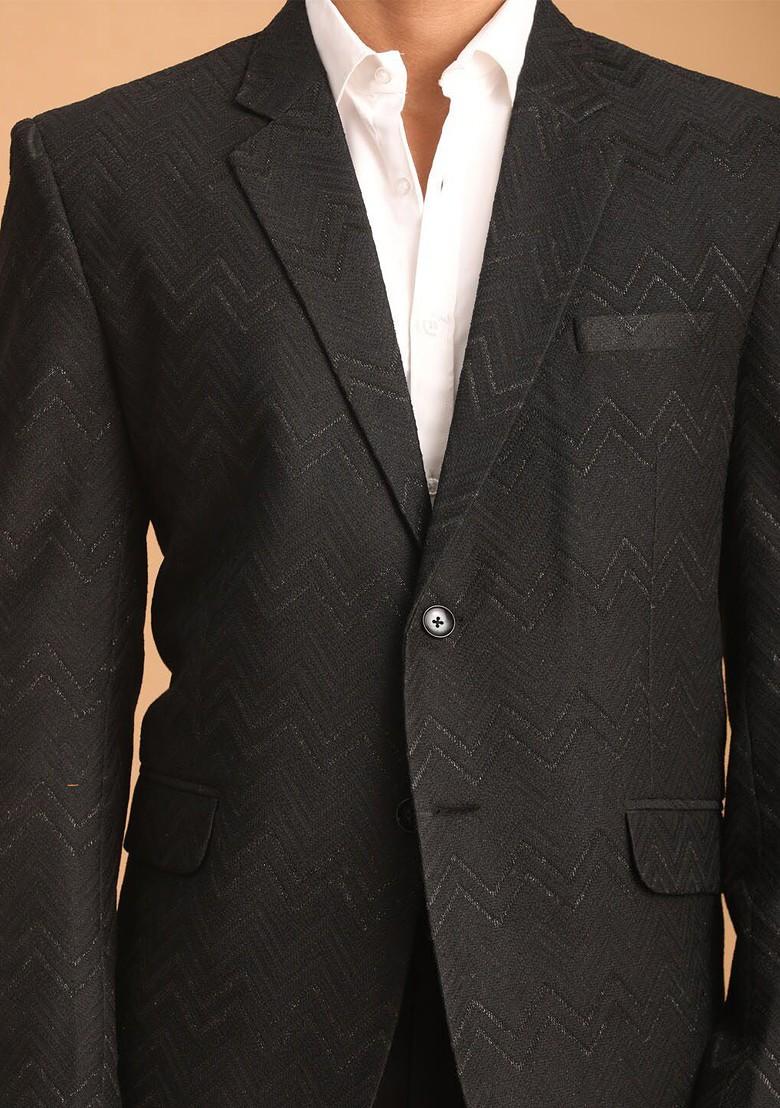 Black Solid Silk Blazers For Men