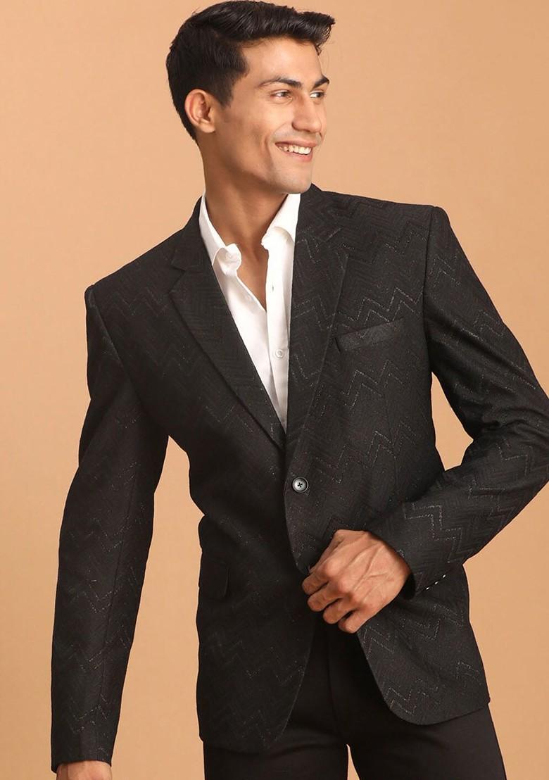 Black Solid Silk Blazers For Men